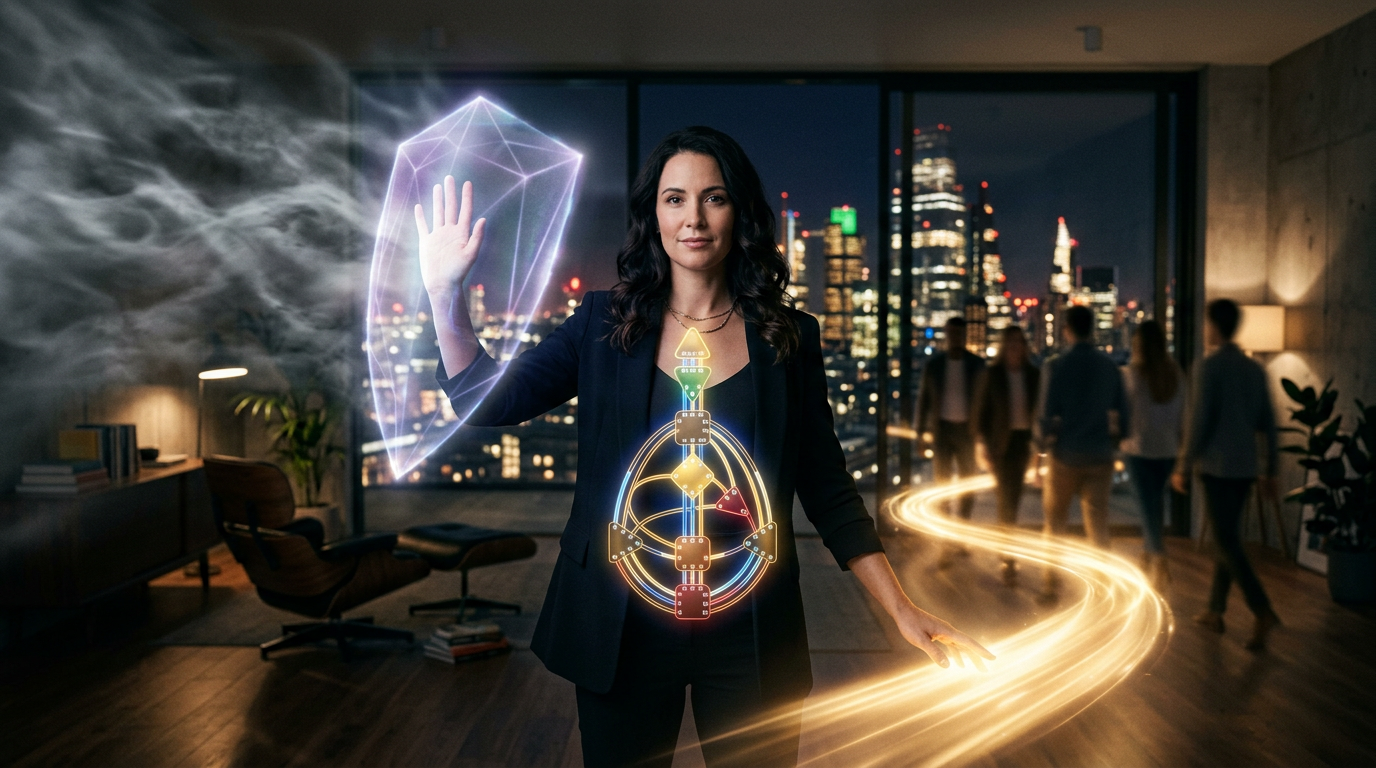 Mano aperta che lascia andare un filo luminoso su sfondo caldo e sfocato